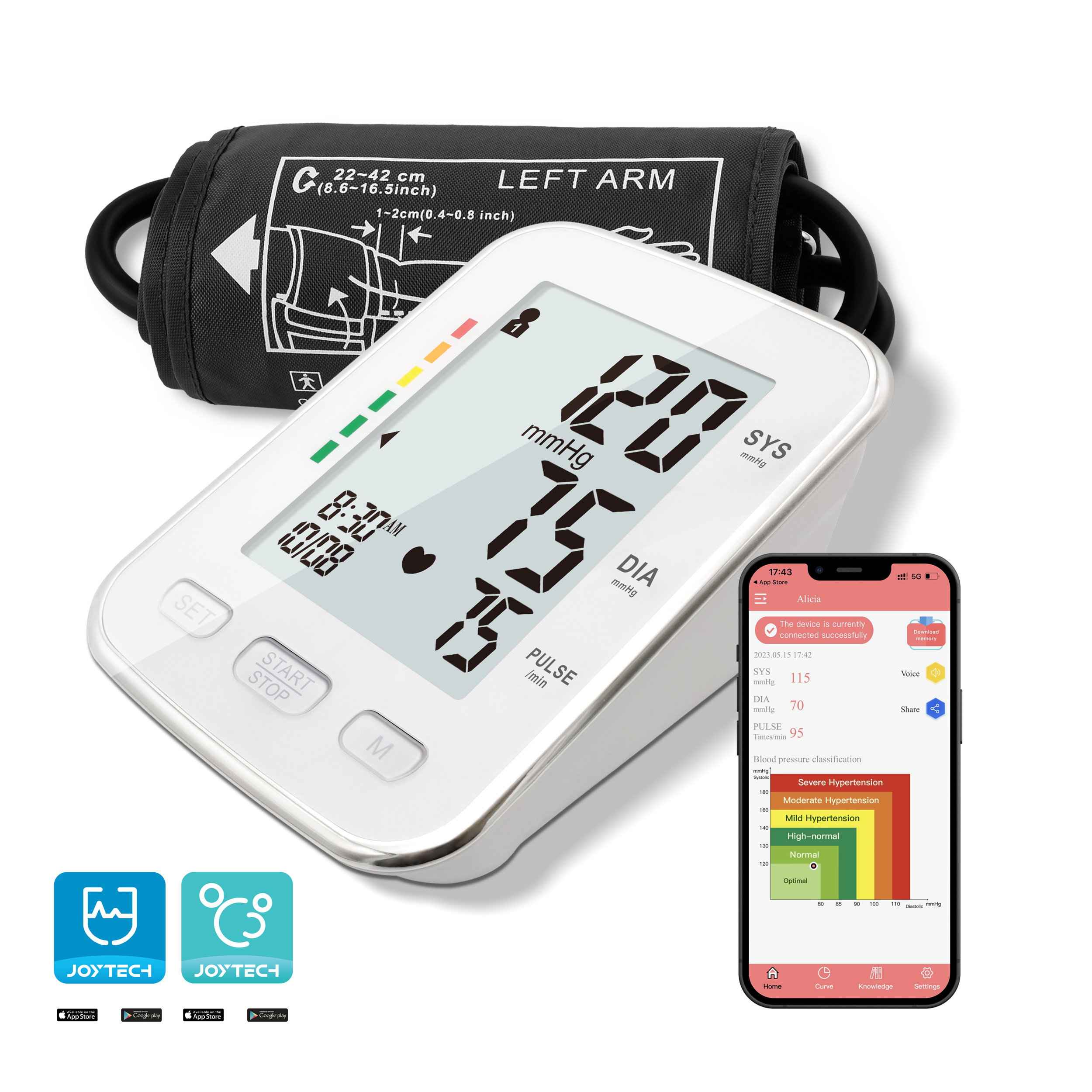 Monitor de presión arterial Bluetooth con monitor LCD grande e intelixente de manguito grande