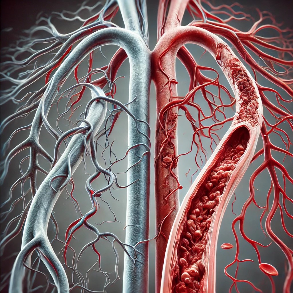 Un'illustrazione medica dettagliata e realistica dei vasi sanguigni umani, che mostra sia arterie sane che arterie colpite dall'arteriosclerosi.
